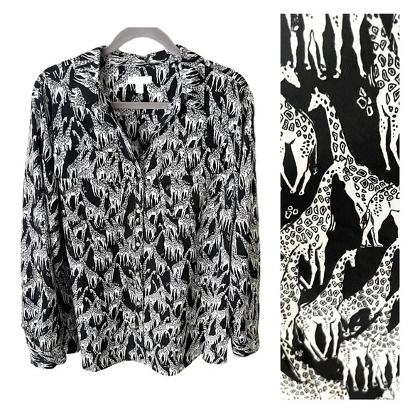 Charter Club Top Women's XL Black & White Giraffe Print Button Down Safari - Picture 1 of 8